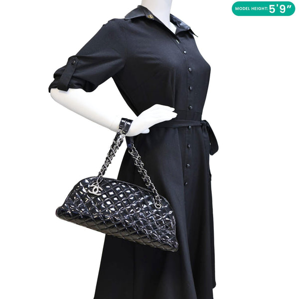 CHANEL Just Mademoiselle Bowling Quilted Patent Leather Shoulder Bag Black