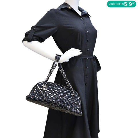 CHANEL Just Mademoiselle Bowling Quilted Patent Leather Shoulder Bag Black