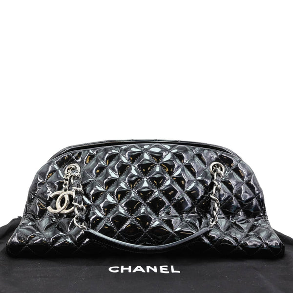 CHANEL Just Mademoiselle Bowling Quilted Patent Leather Shoulder Bag Black