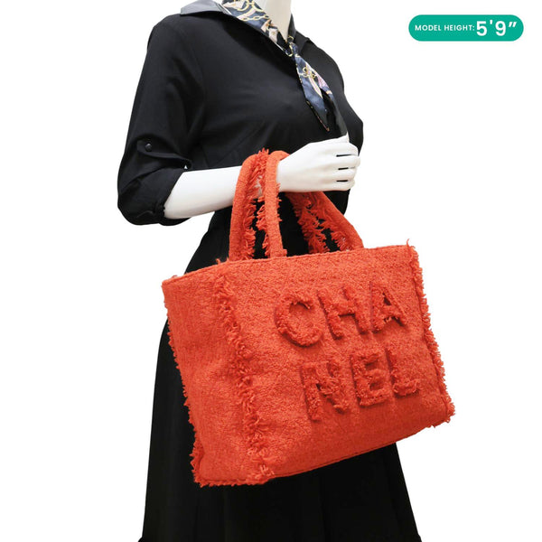 CHANEL Giant Logo Tweed Shopping Tote Bag Red