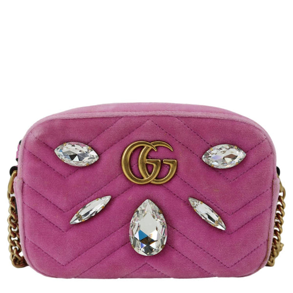 GUCCI GG Marmont Mini Marquise Crystals Matelasse Velvet Chain Crossbody Bag Pink 448065