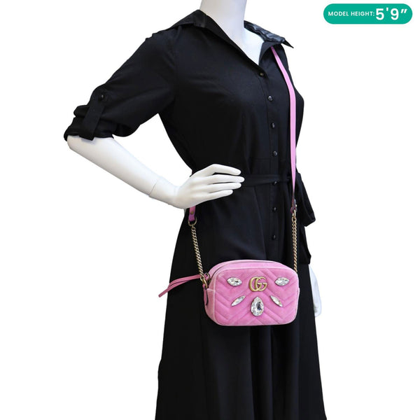 GUCCI GG Marmont Mini Marquise Crystals Matelasse Velvet Chain Crossbody Bag Pink 448065