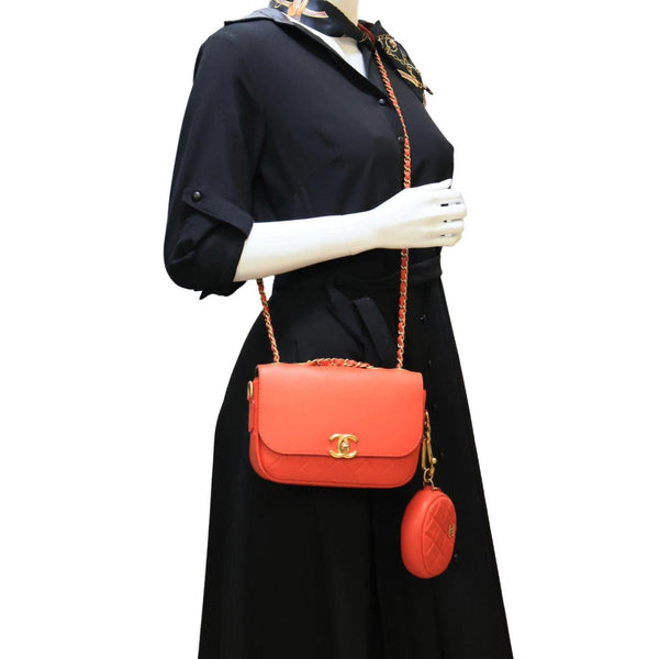 CHANEL Multi Pouching Flap Quilted Calfskin Leather Crossbody Bag Orange