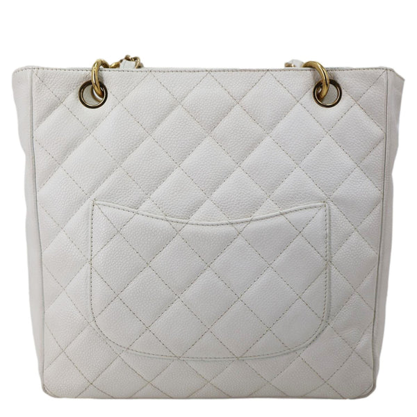 CHANEL PST Petite Quilted Caviar Leather Shopping Tote Bag White