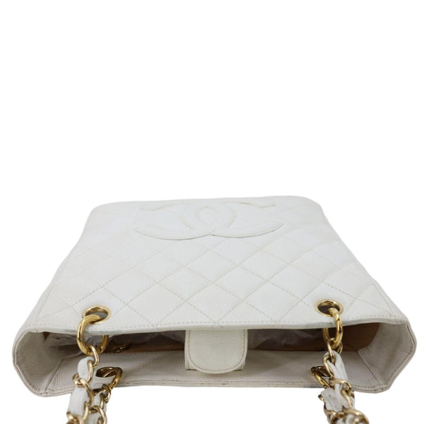 CHANEL PST Petite Quilted Caviar Leather Shopping Tote Bag White
