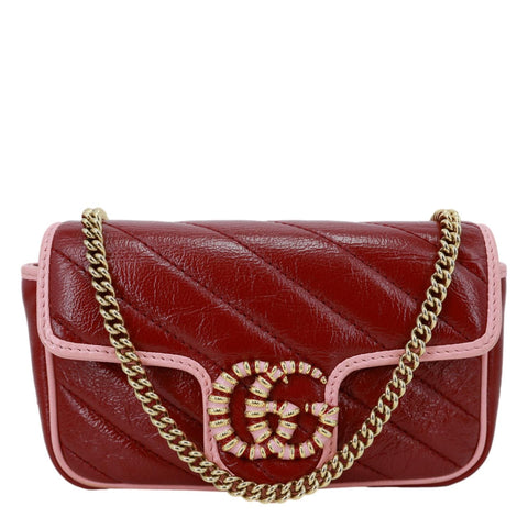 GUCCI Vintage Effect Super Mini GG Marmont Diagonal Leather Shoulder Bag Red 574969