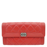 CHANEL Boy Flap Lambskin Quilted Leather Wallet Red