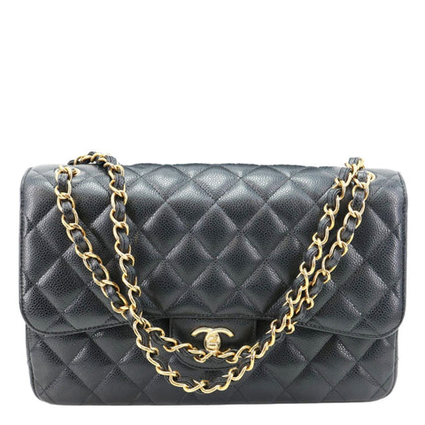 CHANEL Classic Double Flap Jumbo Quilted Caviar Leather Shoulder Bag Black