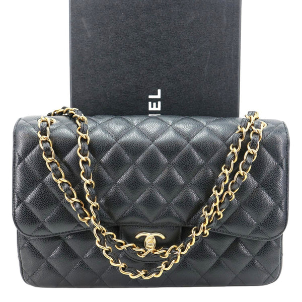 CHANEL Classic Double Flap Jumbo Quilted Caviar Leather Shoulder Bag Black