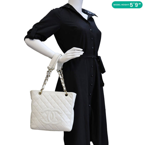 CHANEL PST Petite Quilted Caviar Leather Shopping Tote Bag White