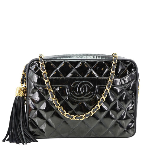 CHANEL Vintage Quilted Patent Leather Camera Case Crossbody Bag Black