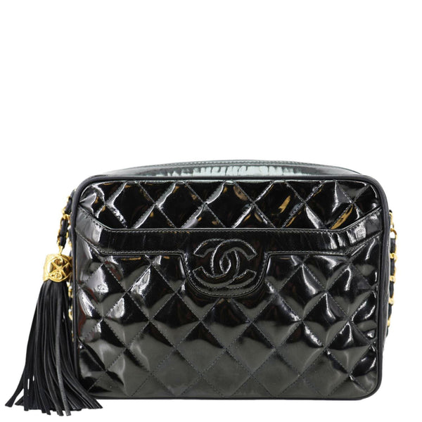 CHANEL Vintage Quilted Patent Leather Camera Case Crossbody Bag Black