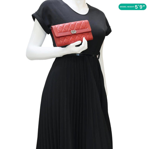 CHANEL Boy Flap Lambskin Quilted Leather Wallet Red