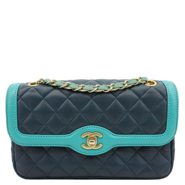 CHANEL Bi-Color Flap Quilted Lambskin Leather Crossbody Bag Turquoise