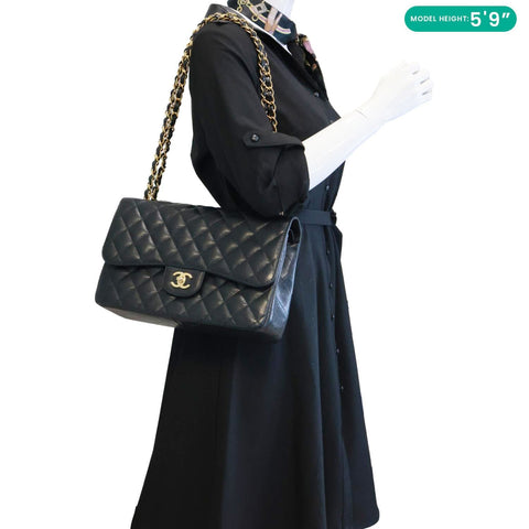 CHANEL Classic Double Flap Jumbo Quilted Caviar Leather Shoulder Bag Black