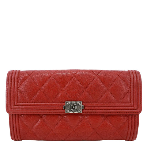 CHANEL Boy Flap Quilted Caviar Leather Wallet Red