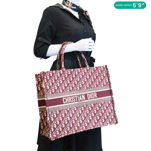 CHRISTIAN DIOR Book Large Oblique Embroidery Canvas Tote Bag Burgundy
