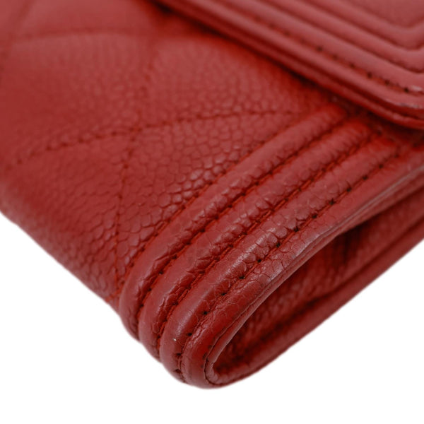 CHANEL Boy Flap Quilted Caviar Leather Wallet Red