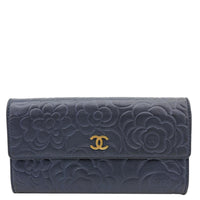 CHANEL Camellia Gusset Flap Embossed Lambskin Leather Wallet Navy Blue