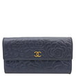 CHANEL Camellia Gusset Flap Embossed Lambskin Leather Wallet Navy Blue