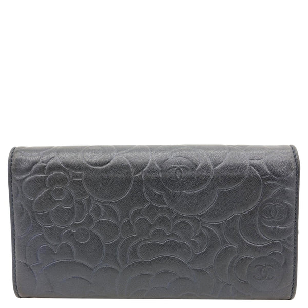 CHANEL Camellia Gusset Flap Embossed Lambskin Leather Wallet Navy Blue