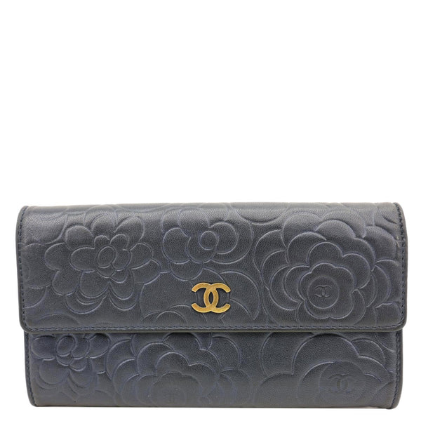 CHANEL Camellia Gusset Flap Embossed Lambskin Leather Wallet Navy Blue