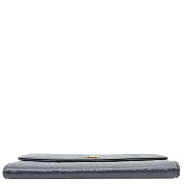 CHANEL Camellia Gusset Flap Embossed Lambskin Leather Wallet Navy Blue