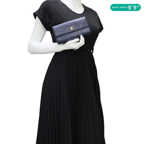 CHANEL Camellia Gusset Flap Embossed Lambskin Leather Wallet Navy Blue