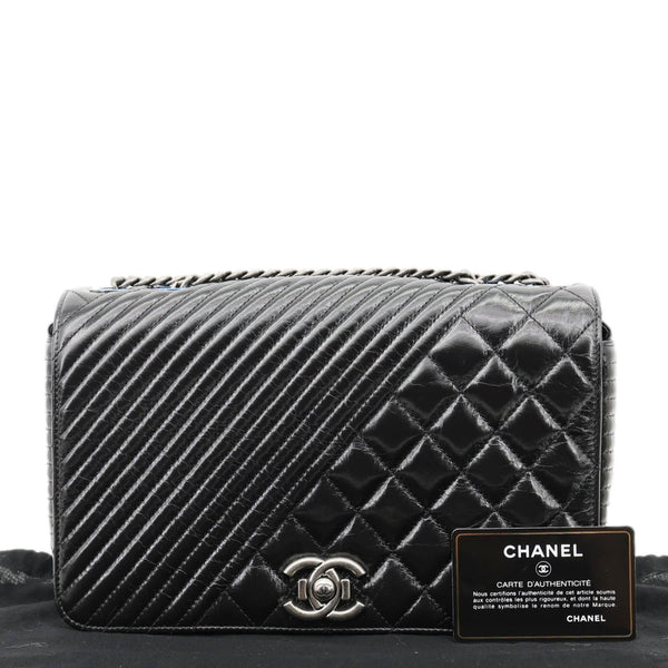 CHANEL Coco Boy Flap Medium Quilted Leather Shoulder Bag Black