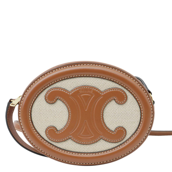CELINE Triomphe Oval Calfskin Leather Crossbody Bag Tan