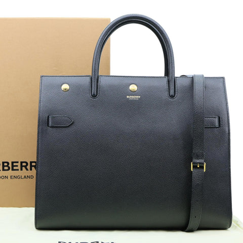 BURBERRY Title Pebbled Leather Tote Bag Black