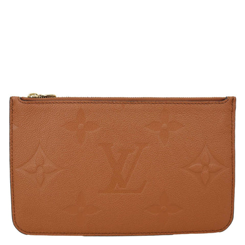 LOUIS VUITTON Neverfull Pochette Giant Monogram Empreinte Leather Wristlet Brown