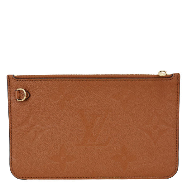 LOUIS VUITTON Neverfull Pochette Giant Monogram Empreinte Leather Wristlet Brown