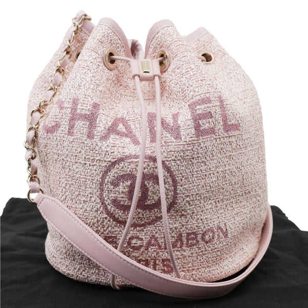 CHANEL Deauville Lurex Boucle Drawstring Bag Pink