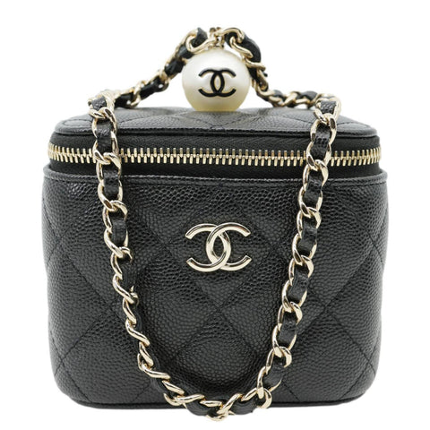 CHANEL Pearl On Top Mini Quilted Caviar Leather Chain Vanity Case Bag Black