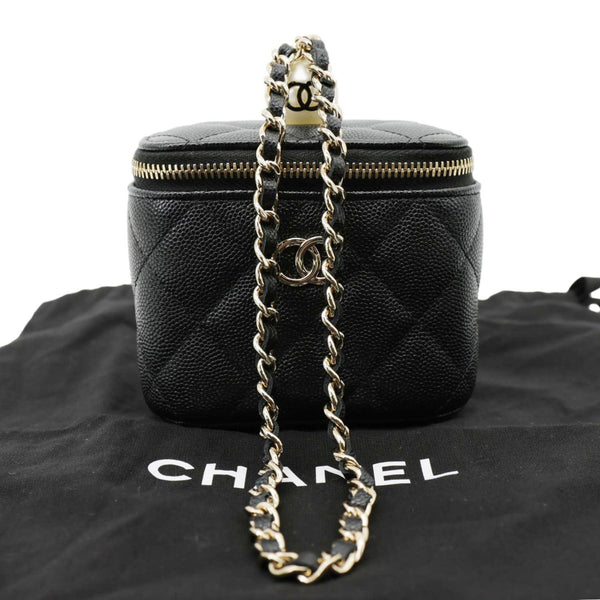 CHANEL Pearl On Top Mini Quilted Caviar Leather Chain Vanity Case Bag Black