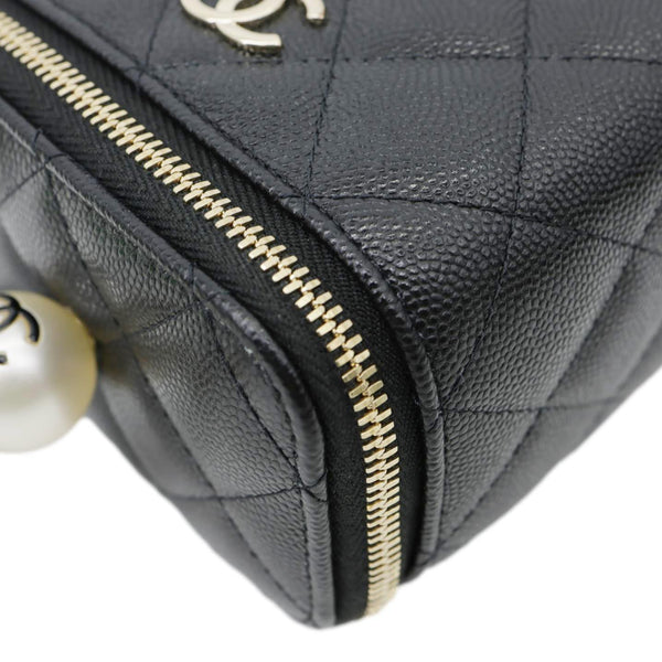 CHANEL Pearl On Top Mini Quilted Caviar Leather Chain Vanity Case Bag Black