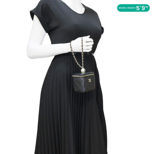 CHANEL Pearl On Top Mini Quilted Caviar Leather Chain Vanity Case Bag Black