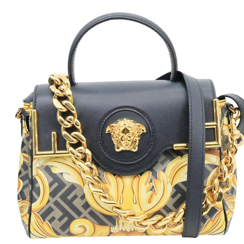 VERSACE X FENDI Fendace Medium La Medusa Zucca Calfskin Top Handle Crossbody Bag Black
