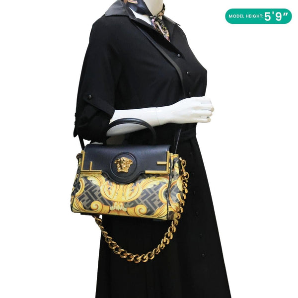VERSACE X FENDI Fendace Medium La Medusa Zucca Calfskin Top Handle Crossbody Bag Black