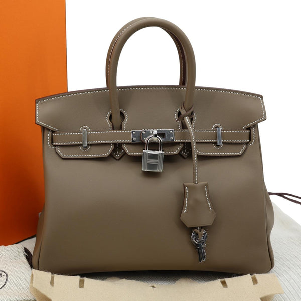 HERMES Birkin 25 Swift Calfskin Leather Tote Bag Etoupe