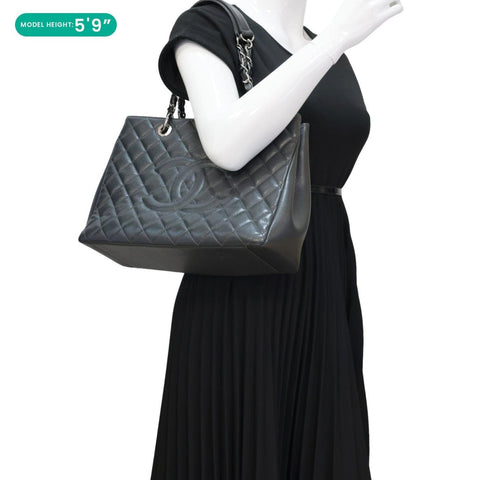CHANEL Grand Shopping Quilted Caviar Leather Tote Bag Dark Grey