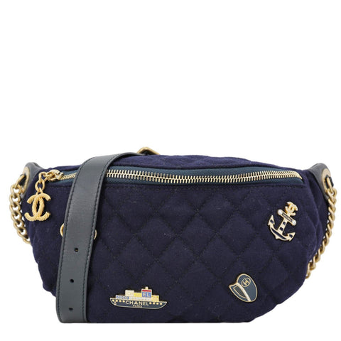 CHANEL Paris Hamburg Charms Quilted Wool Waist Bag Navy Blue