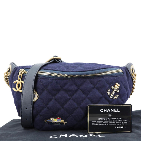 CHANEL Paris Hamburg Charms Quilted Wool Waist Bag Navy Blue