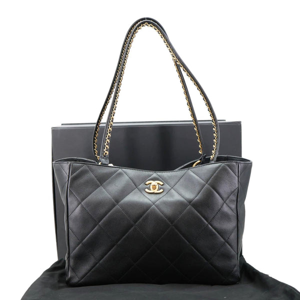 CHANEL Book Pocket Quilted Calfskin Shopping Tote Bag Black