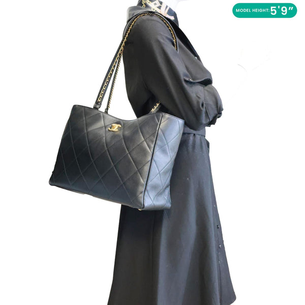 CHANEL Book Pocket Quilted Calfskin Shopping Tote Bag Black