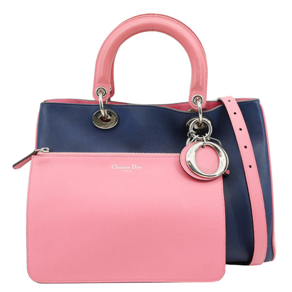 CHRISTIAN DIOR Diorissimo Medium Tri Color Calfskin Leather Tote Bag Navy Blue