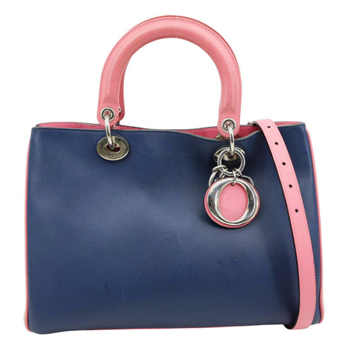 CHRISTIAN DIOR Diorissimo Medium Tri Color Calfskin Leather Tote Bag Navy Blue