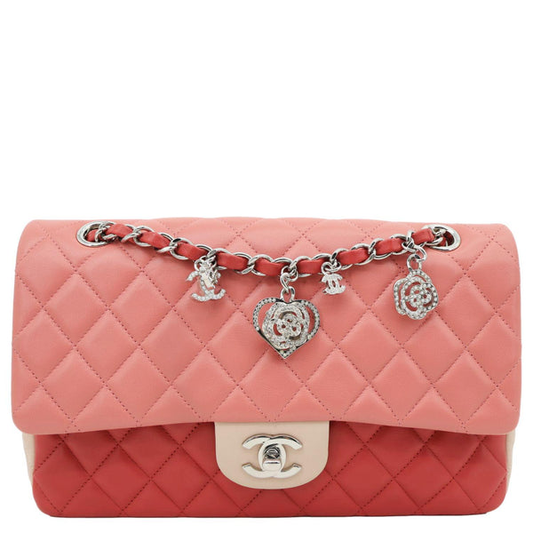 CHANEL Valentine Crystal Hearts Classic Flap Quilted Leather Shoulder Bag Tricolor