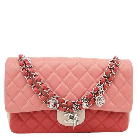 CHANEL Valentine Crystal Hearts Classic Flap Quilted Leather Shoulder Bag Tricolor